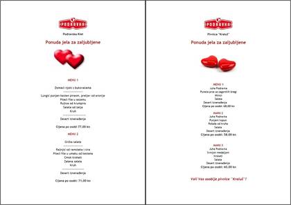 Ponude jela za Valentinovo u Pivnici i u Kleti